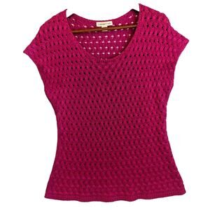 L Coldwater Creek Sweater Top Open Crochet Fuchsia Pink Short Sleeve Boho Soft